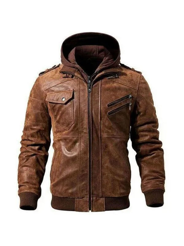 Maison de Leathers Men's Handcrafted Black/Brown Leather Jacket with Fixed Hood - Custom Genuine Leather Bomber & Biker Jacket for Men